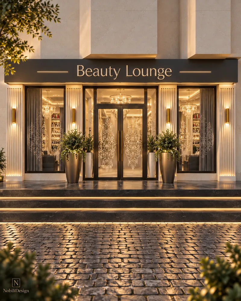 Salon facade with stone cladding, fluted pilasters, black-framed glazing with ornamental frosted glass and lit stone steps