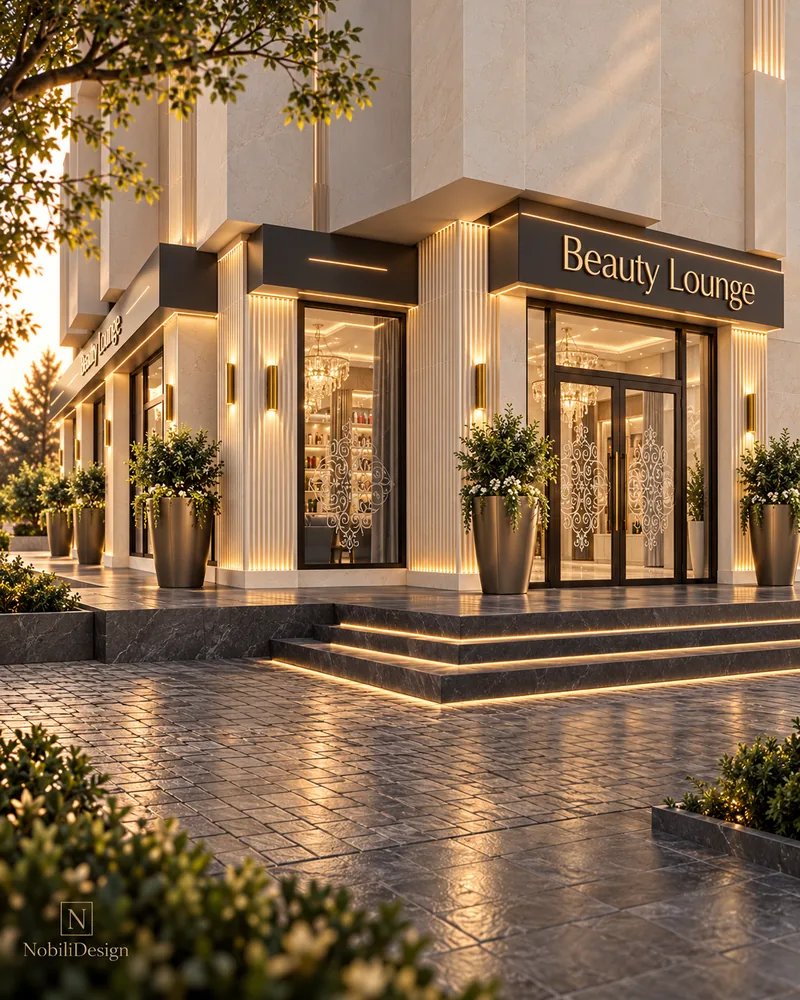 Corner facade with stepped stone cladding, illuminated sign band, black-framed windows and LED-lit dark stone steps at dusk