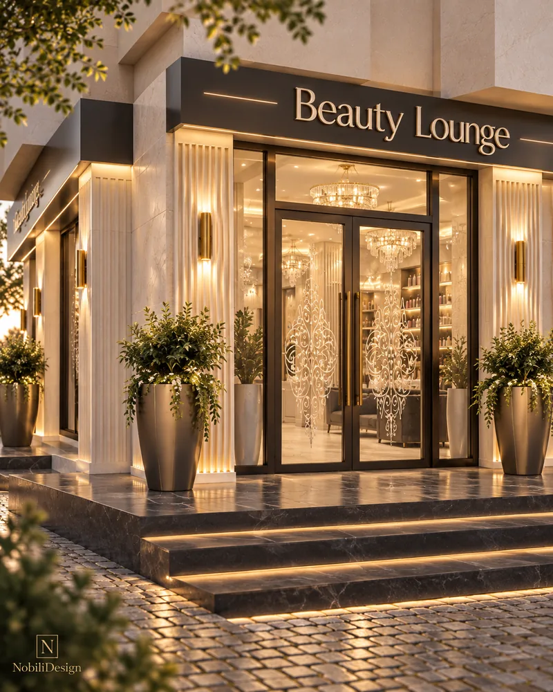 Shopfront entrance with double glass doors in black frames, brass sconces on fluted pilasters and tapered bronze planters
