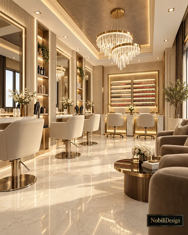Hair salon with cream styling chairs, backlit mirrors, open product shelving and a nail polish wall behind the manicure bar