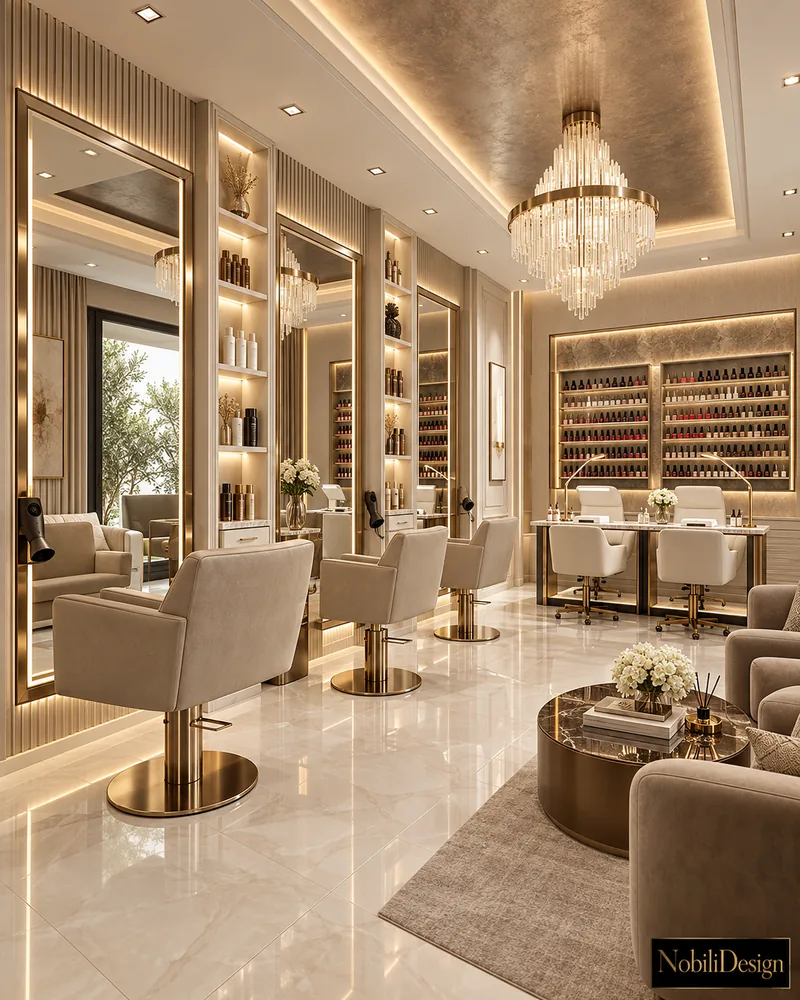 Hair salon with LED-framed mirrors, beige styling chairs, crystal chandelier, area rug and manicure desks by a polish wall