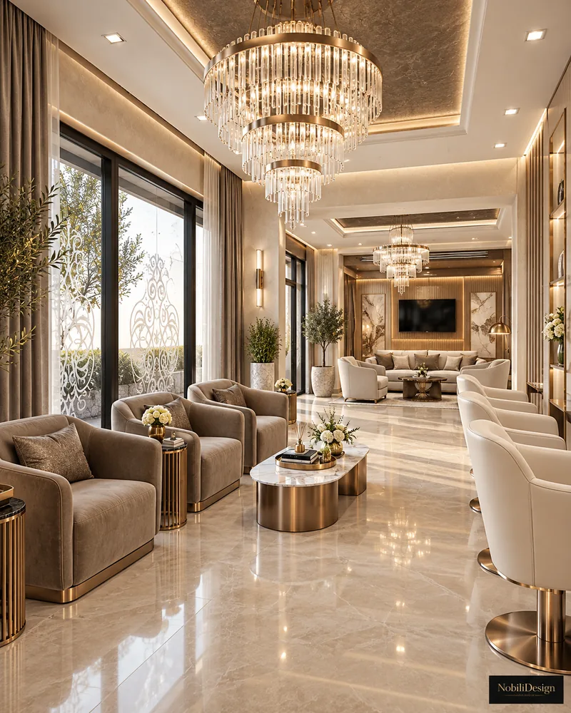 Hair salon with taupe velvet lounge armchairs, cream styling chairs, tiered crystal chandeliers and polished marble floor
