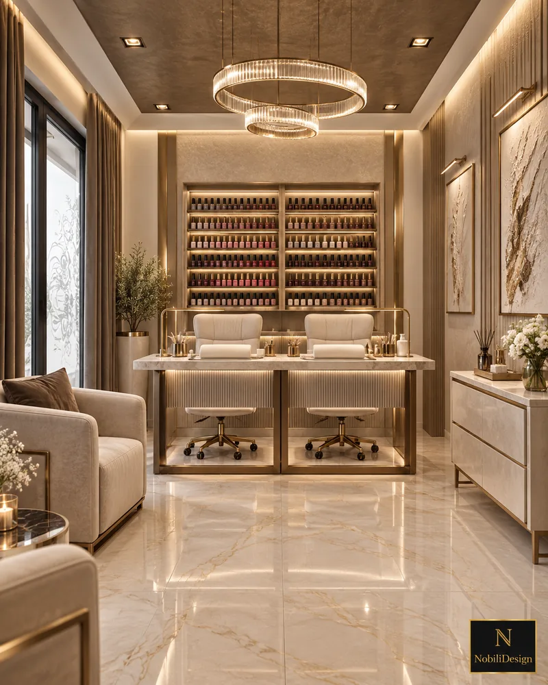 Manicure station with double desk, fluted bronze front, illuminated nail polish wall, ring chandelier and marble floor