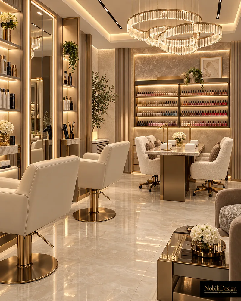 Manicure area with marble-top table, white bouclé chairs, backlit nail polish shelving and double ring crystal chandelier