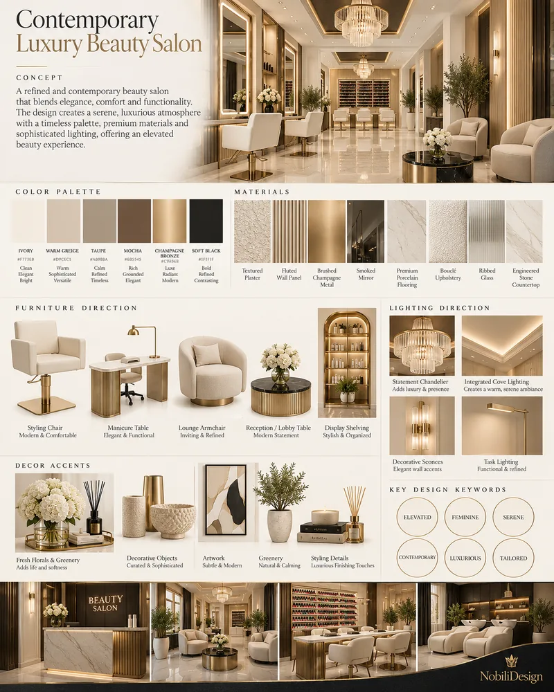 Beauty salon concept board with ivory, greige and bronze palette, fluted panels, crystal chandeliers and styling chairs