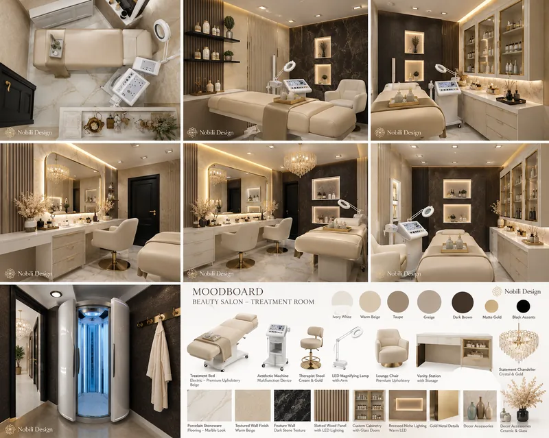 Treatment room moodboard with beige treatment bed, facial device, lit vanity, dark stone feature wall and solarium cabin