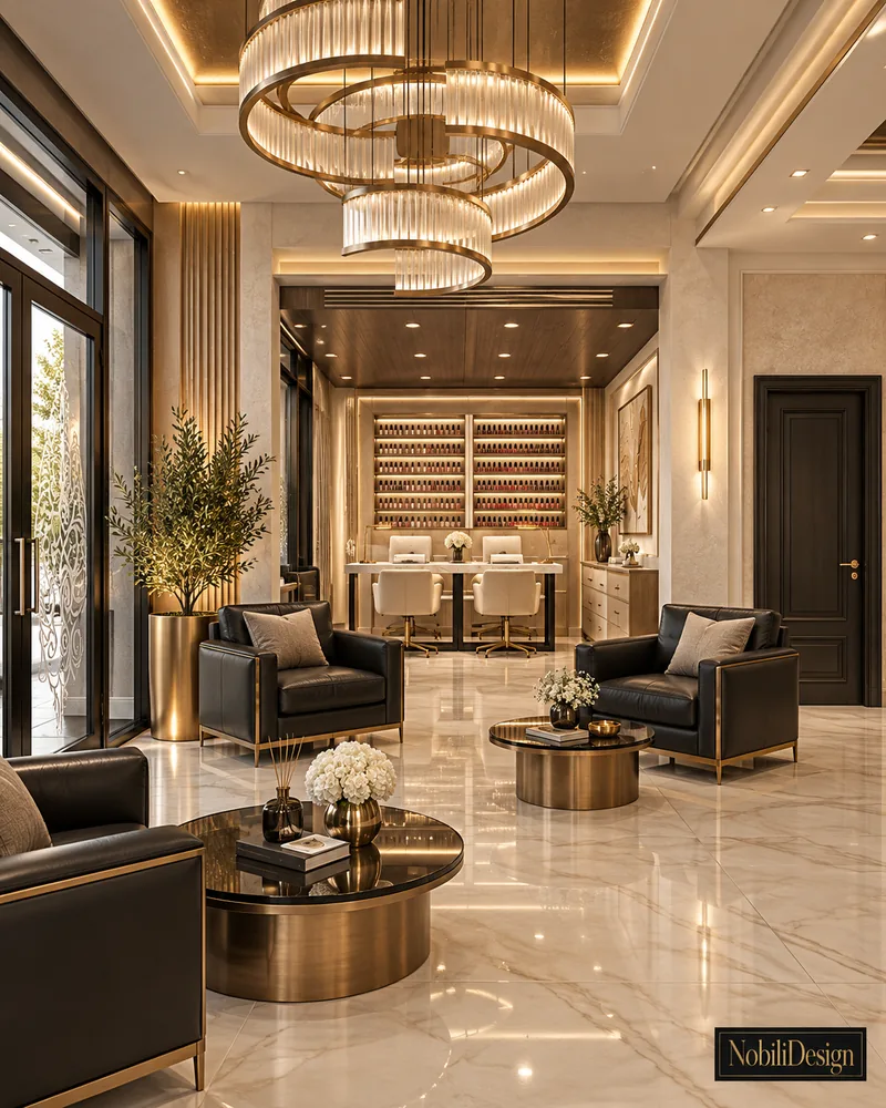Reception lounge with black leather armchairs, round bronze tables, spiral crystal chandelier and glazed entrance doors