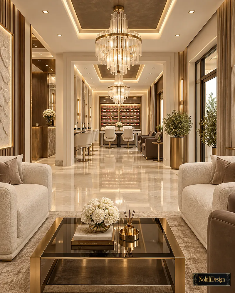 Reception lounge with ivory bouclé sofas, smoked glass and brass coffee table, crystal chandeliers and view to the nail bar