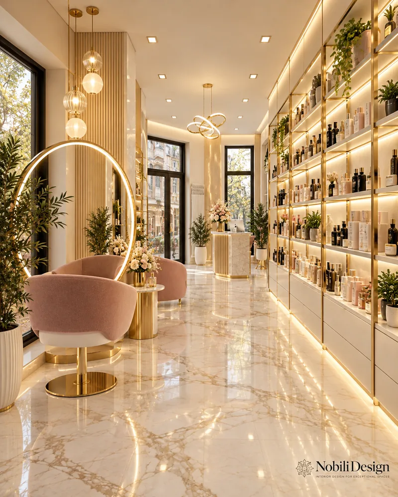Hair salon with blush styling chairs at a round backlit mirror, long illuminated retail wall and view to the reception