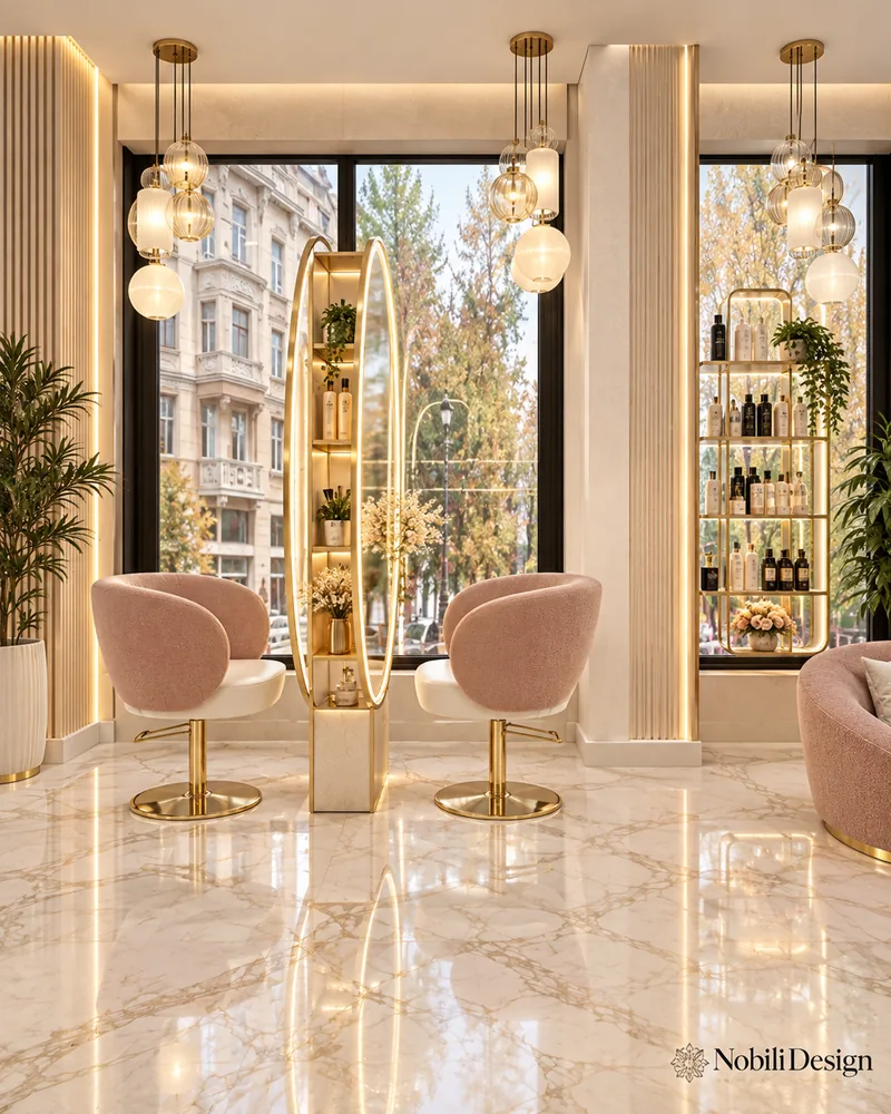 Hair salon with two blush bouclé styling chairs facing a central oval mirror shelf unit, globe pendants and tall windows