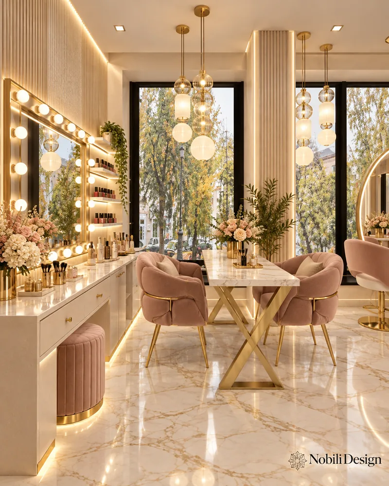 Makeup and manicure area with bulb-framed vanity mirror, blush pouf, marble table on gold X-base and blush armchairs