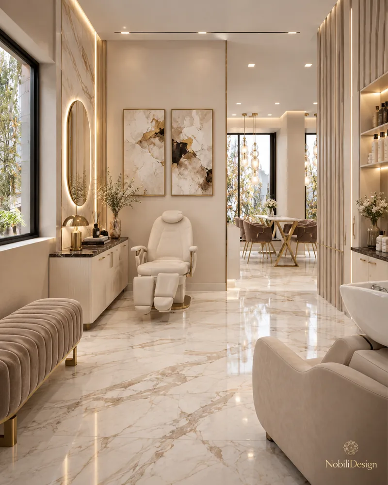 Pedicure area with cream pedicure chair, oval backlit mirror, marble-top cabinet, velvet bench and gold-toned artworks