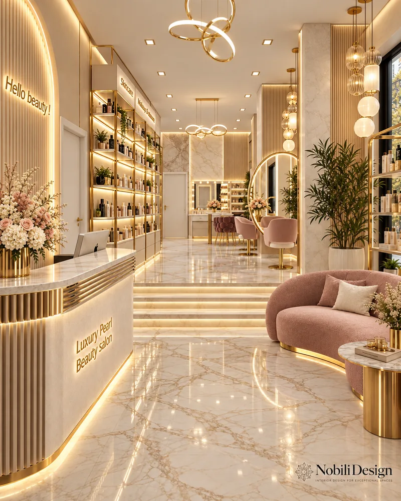 Reception with curved fluted desk, illuminated retail shelving, blush bouclé sofa and steps up to the styling area