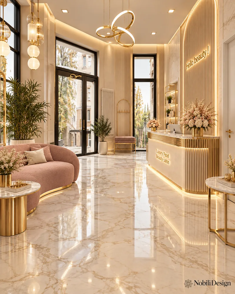 Reception area with backlit fluted desk, blush curved sofa, gold knot chandelier and tall black-framed glazed entrance doors