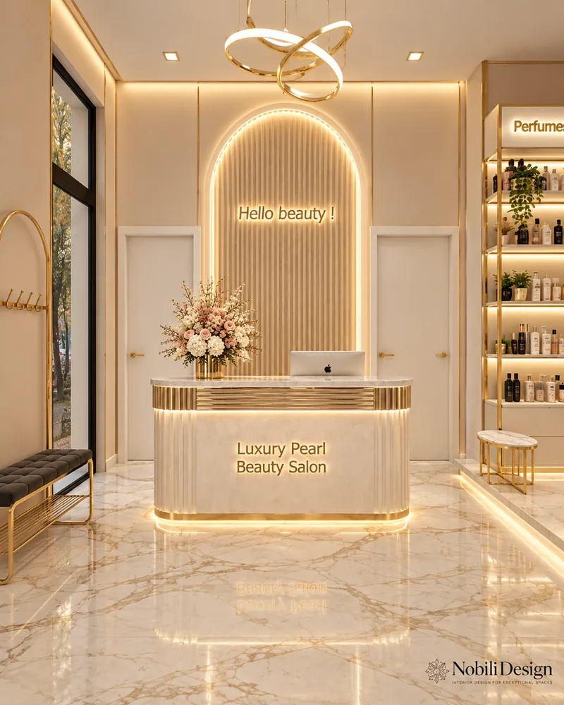 Reception desk with fluted marble front, gold banding, backlit arched slat panel, brass knot chandelier and floral display