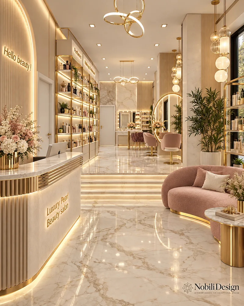 Reception desk with gold fluting and warm under-lighting, perfume display wall, globe pendants and LED-lit marble steps