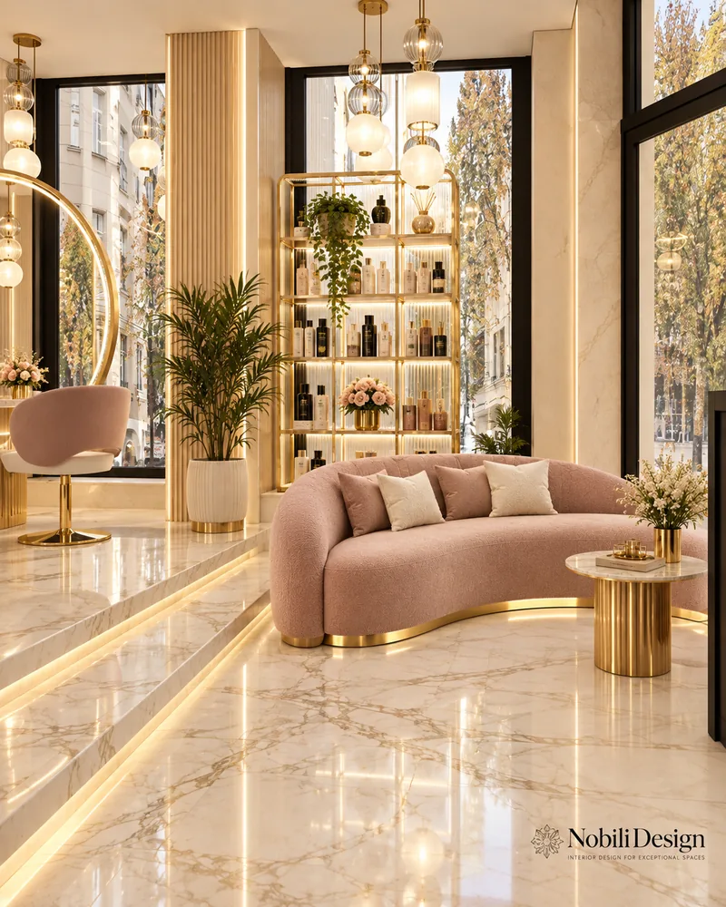 Waiting lounge with blush bouclé curved sofa, marble and gold side table, gold display shelving and tall windows