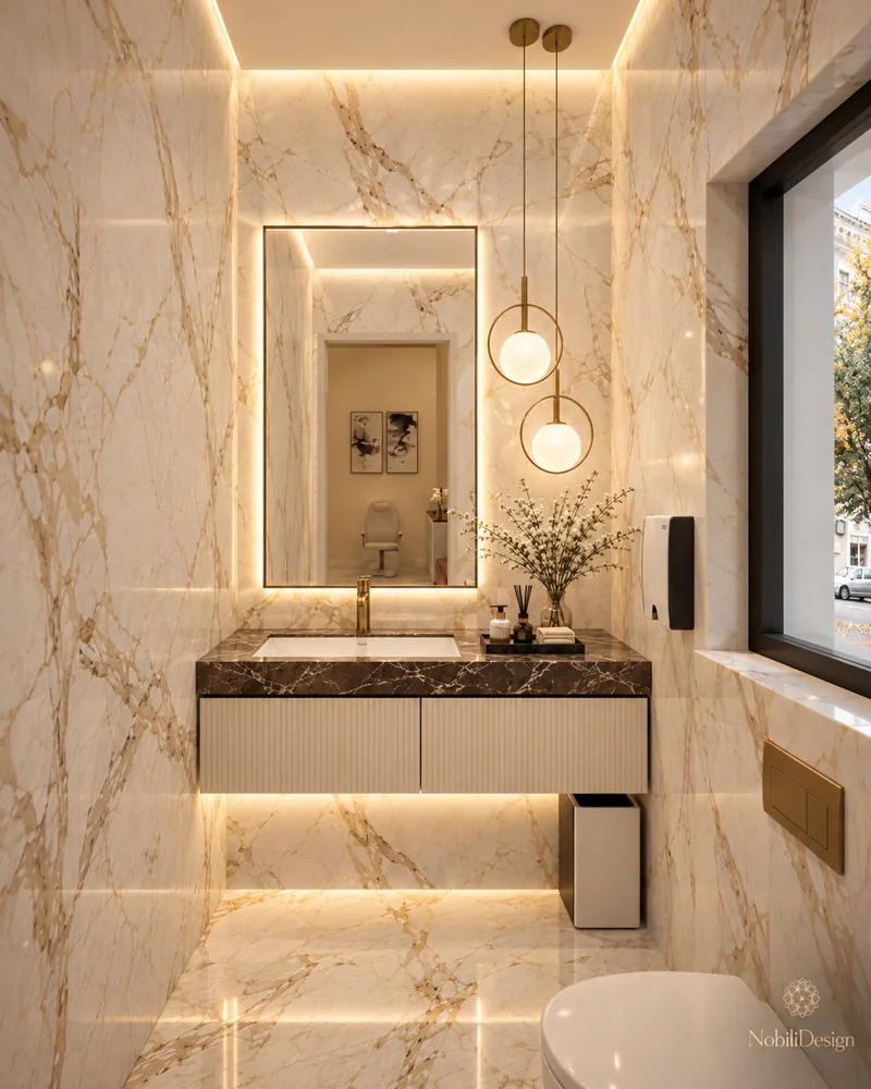 Restroom with marble cladding, undermount sink in dark marble top, fluted vanity, double globe pendants and a window