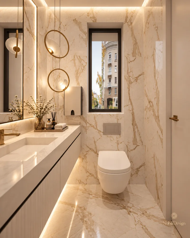 Restroom with long integrated marble basin, fluted cream vanity, ring pendant lights, wall-hung toilet and tall window