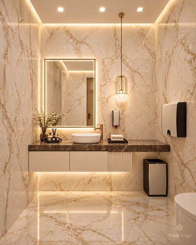 Restroom with gold-veined marble walls, vessel basin on dark marble top, cage pendant and backlit rectangular mirror