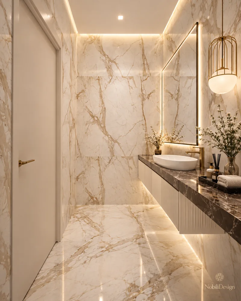 Restroom with cream door, floating fluted vanity, vessel basin, brass cage pendant and floor-to-ceiling marble cladding