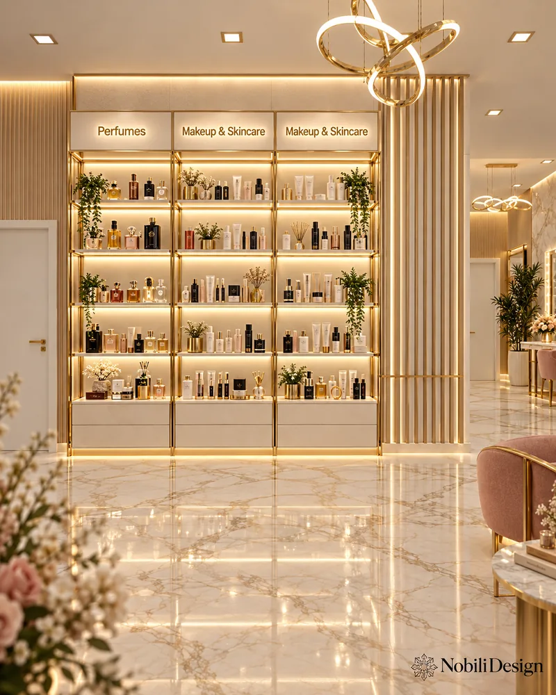 Retail display with three illuminated gold-framed shelving bays for perfumes and skincare above white drawer bases