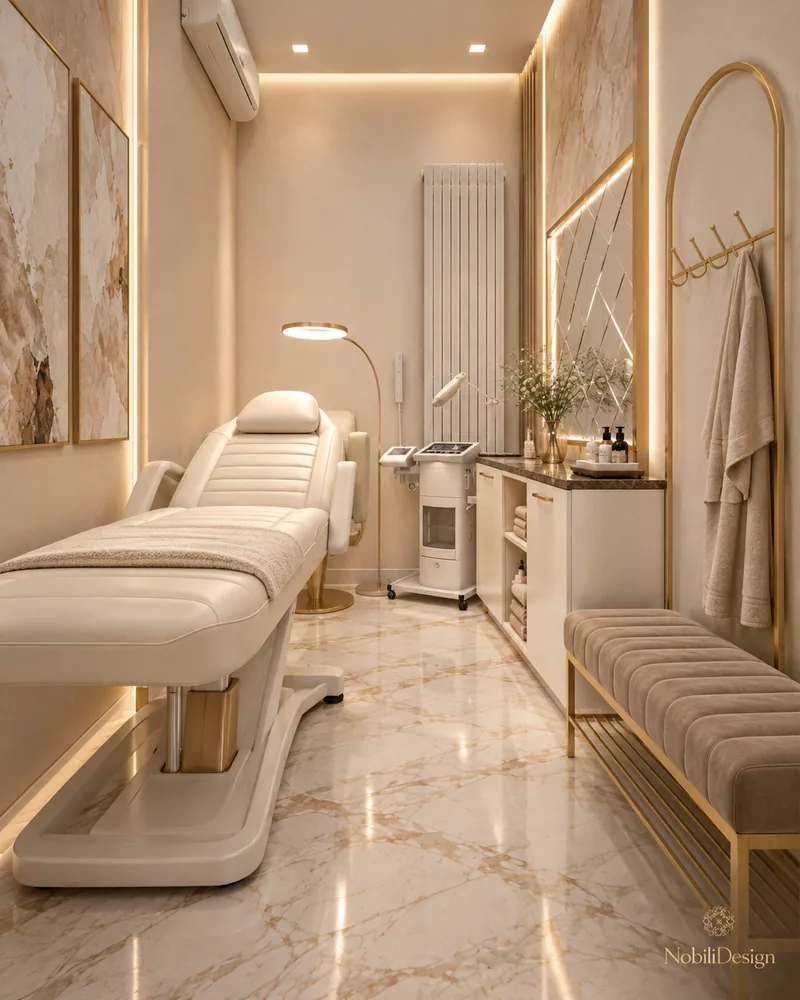 Treatment room with cream adjustable bed, ring floor lamp, skincare device, marble-top cabinet and arched brass coat stand