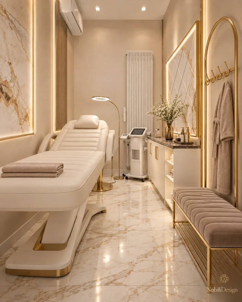 Cosmetic treatment room with treatment bed, folded blush towels, LED ring lamp, fluted wood strip and backlit marble panel