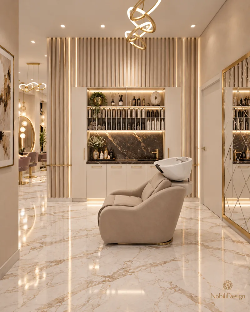 Hair wash area with taupe shampoo chair, white basin, fluted gold slat wall, lit product shelving and dark marble backsplash