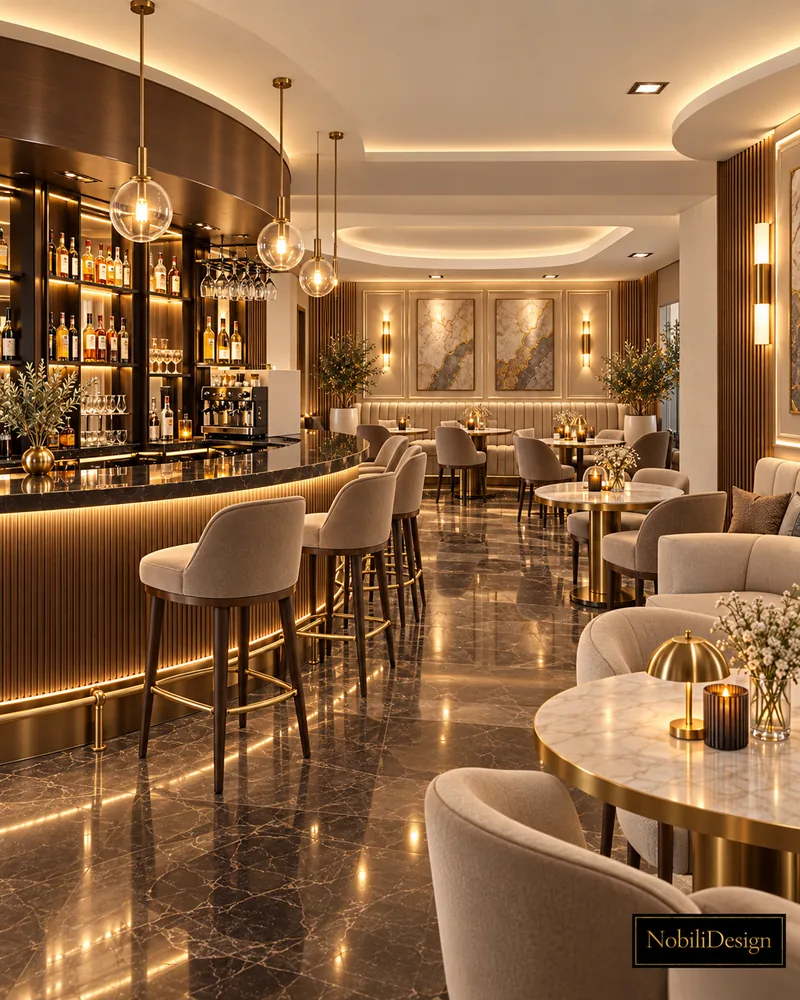 Cafe-bar with curved walnut bar, fluted bronze front, backlit bottle shelving, globe pendants and upholstered bar stools