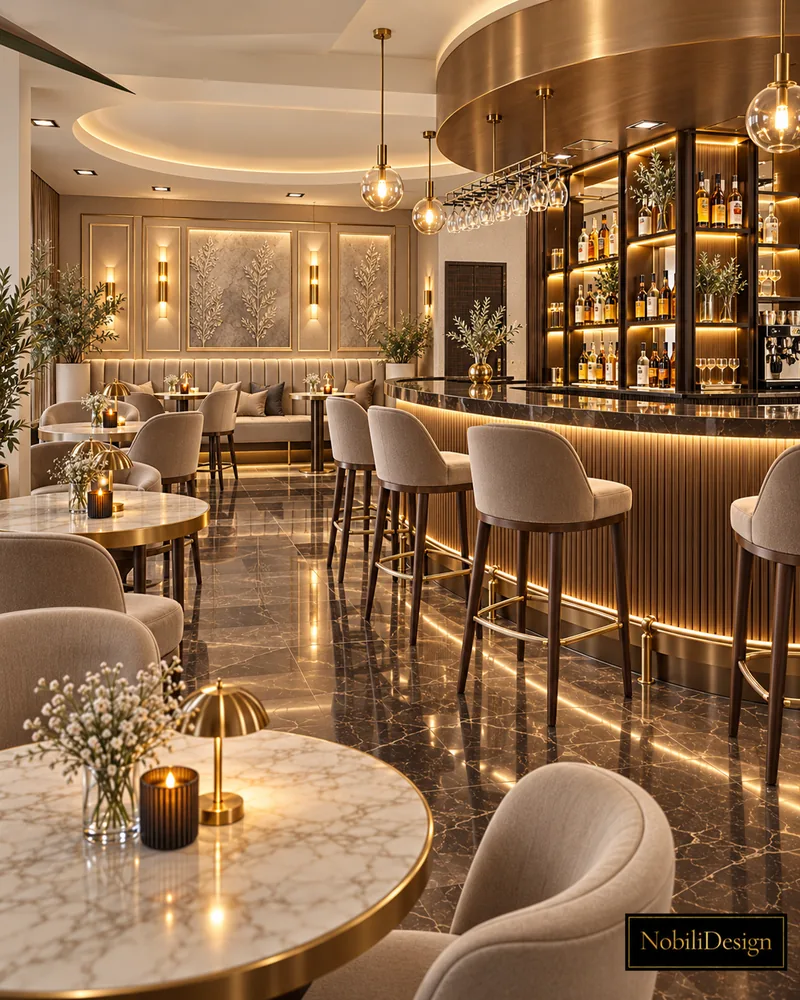 Cafe-bar seating with marble-top round tables, brass mushroom lamps, beige tub chairs and the curved central bar