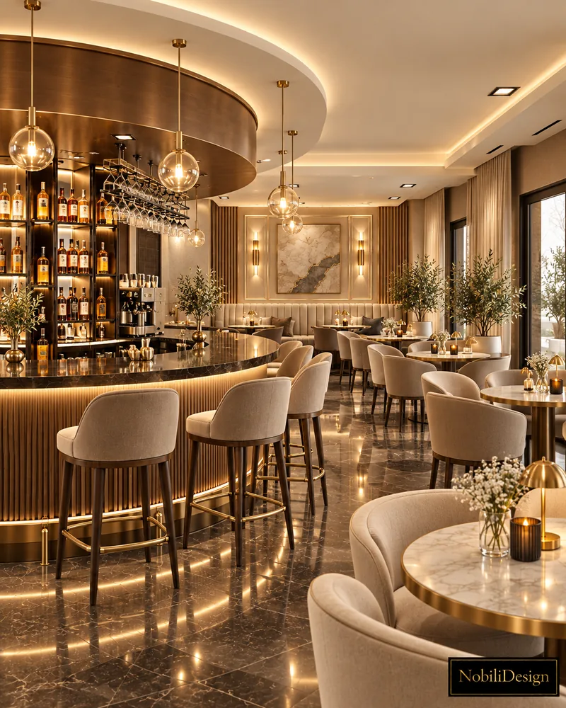 Cafe-bar lounge with fluted bar base lit from below, brass footrail stools and window tables beside olive trees