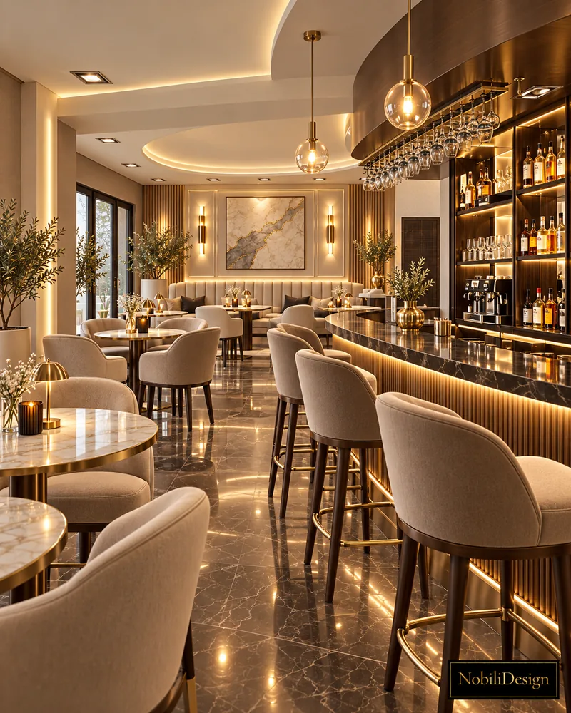 Cafe-bar interior with dark polished marble floor, bar stools along a backlit counter and a banquette wall with sconces
