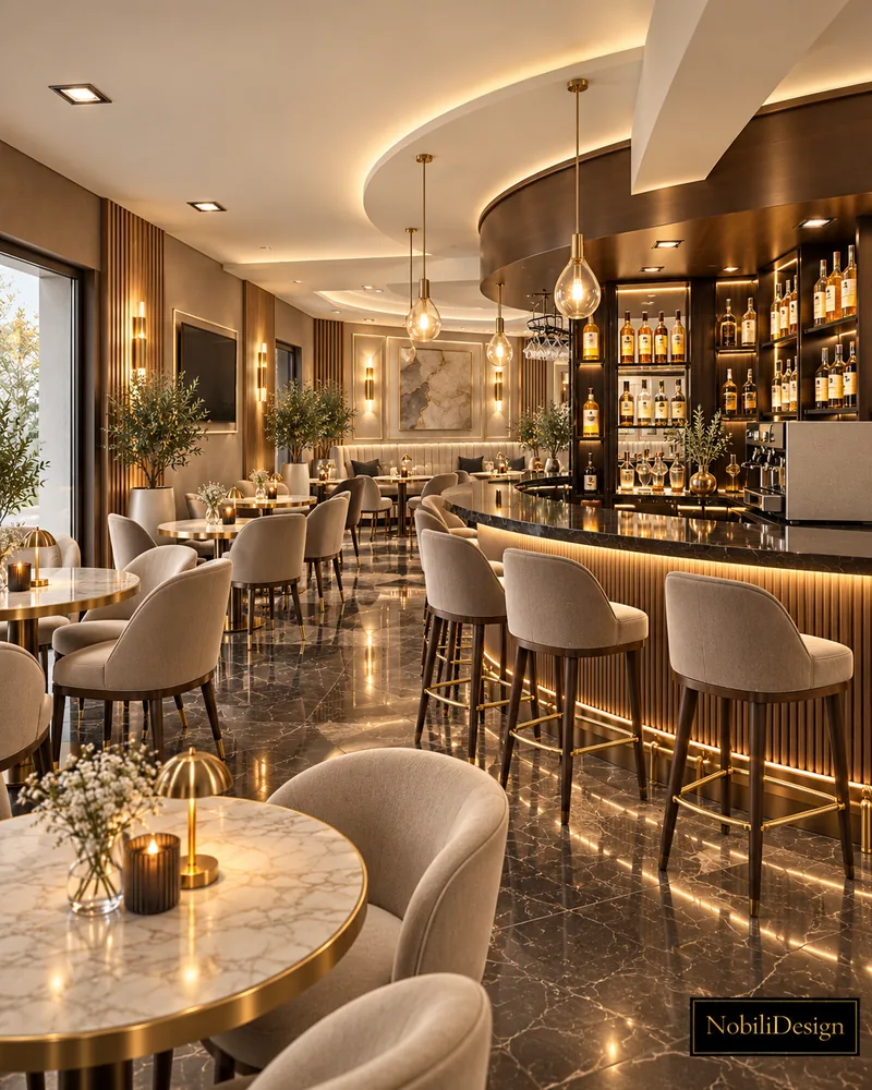 Cafe-bar with bottle shelving behind a dark marble counter, beige bar stools, glass globe pendants and a wall-mounted TV