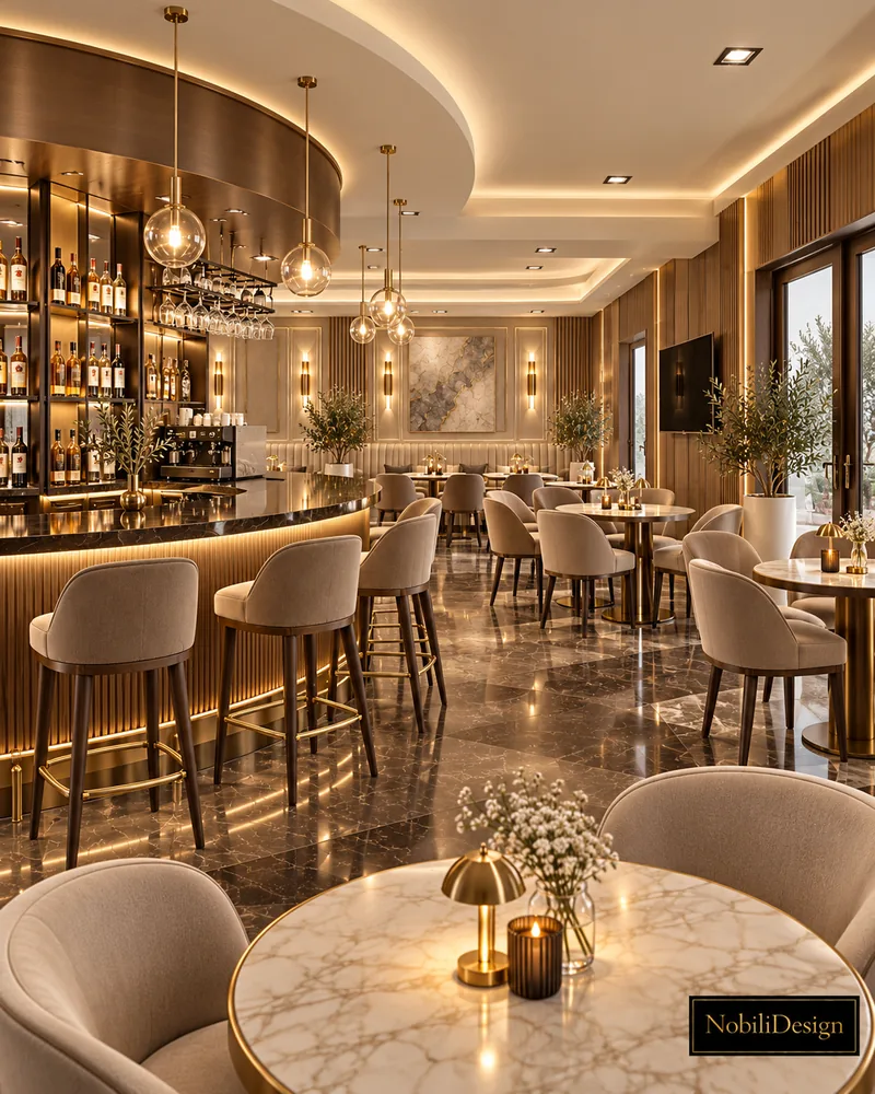 Dining hall with round marble tables, brass table lamps, fluted walnut walls, wall TV and windows with sheer curtains