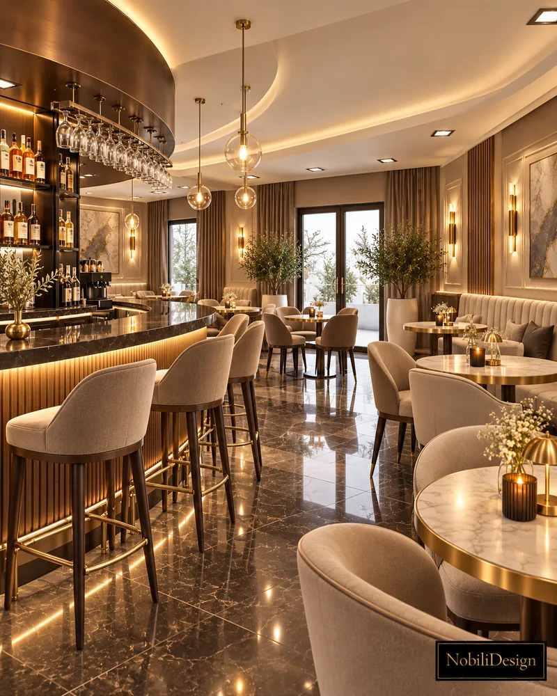 Dining hall with marble-top round tables, curved beige armchairs, wall banquette and tall glazed double doors