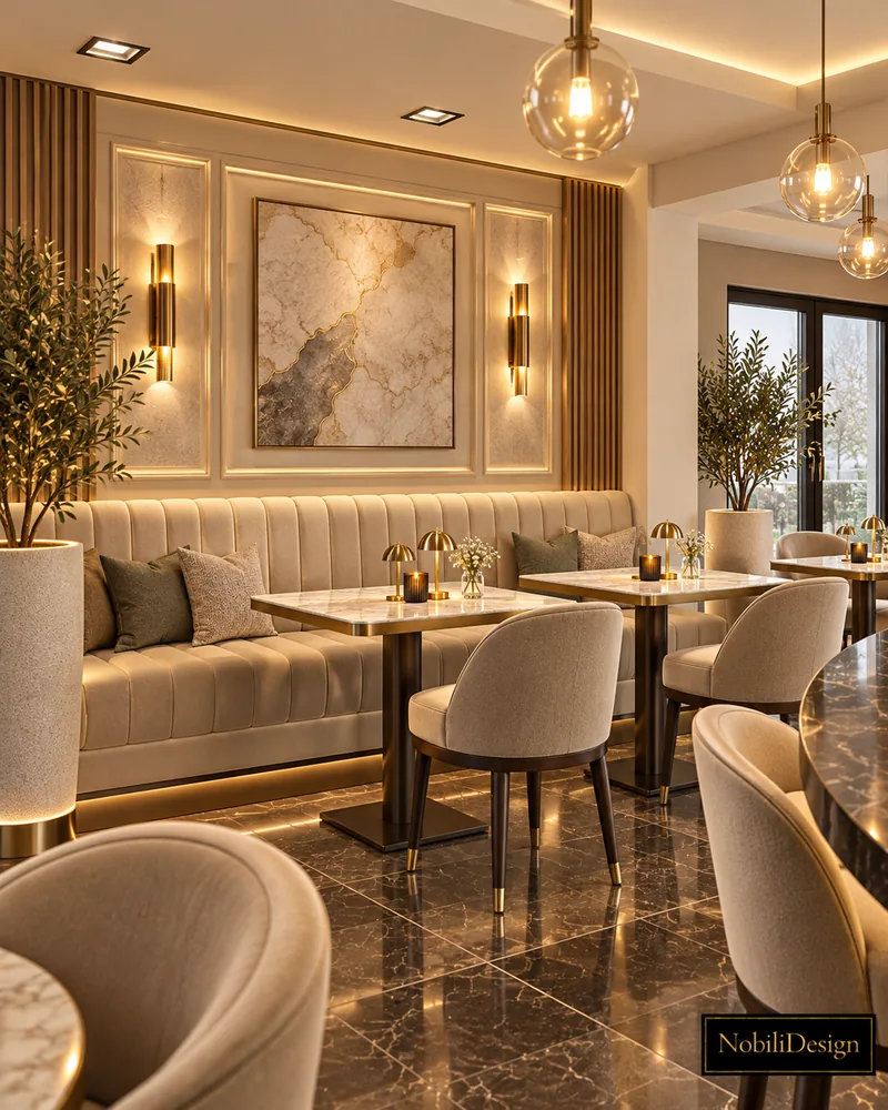 Banquette seating with channel-tufted beige sofa, square marble tables, brass sconces and a framed marble-effect artwork
