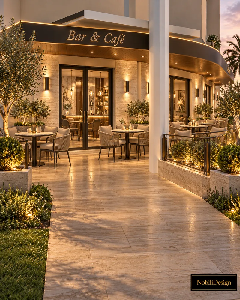 Entrance path in travertine to the glazed doors, olive trees in stone planters and terrace seating behind bronze railings
