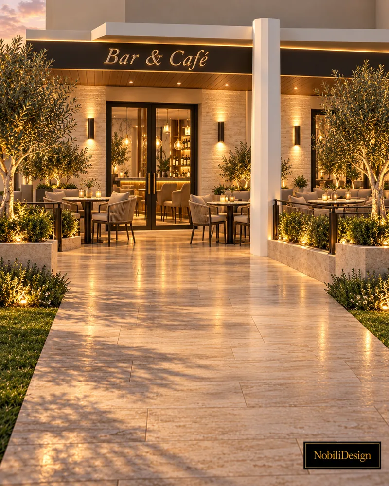 Entrance walkway in travertine leading to black-framed glass doors under an illuminated sign, with terrace tables