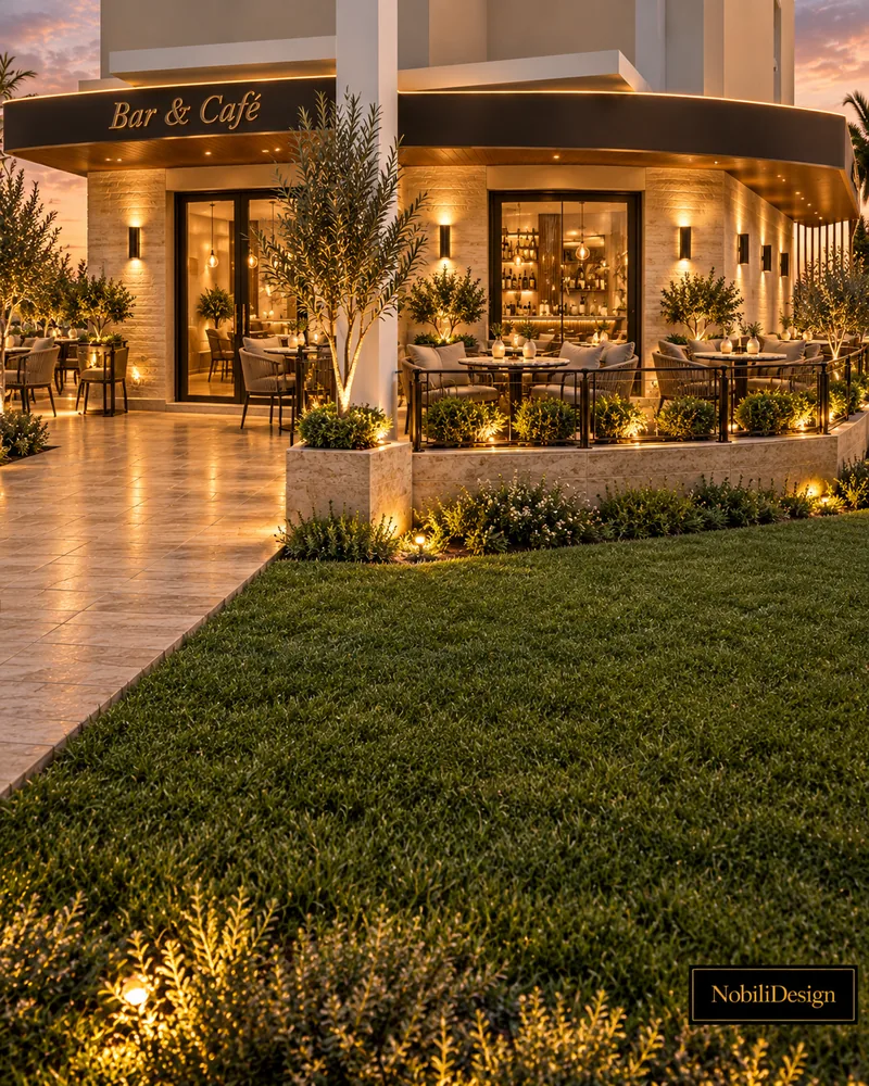 Corner terrace with lawn in front, travertine planters, bronze railings, glazed entrance doors and a dark sign fascia