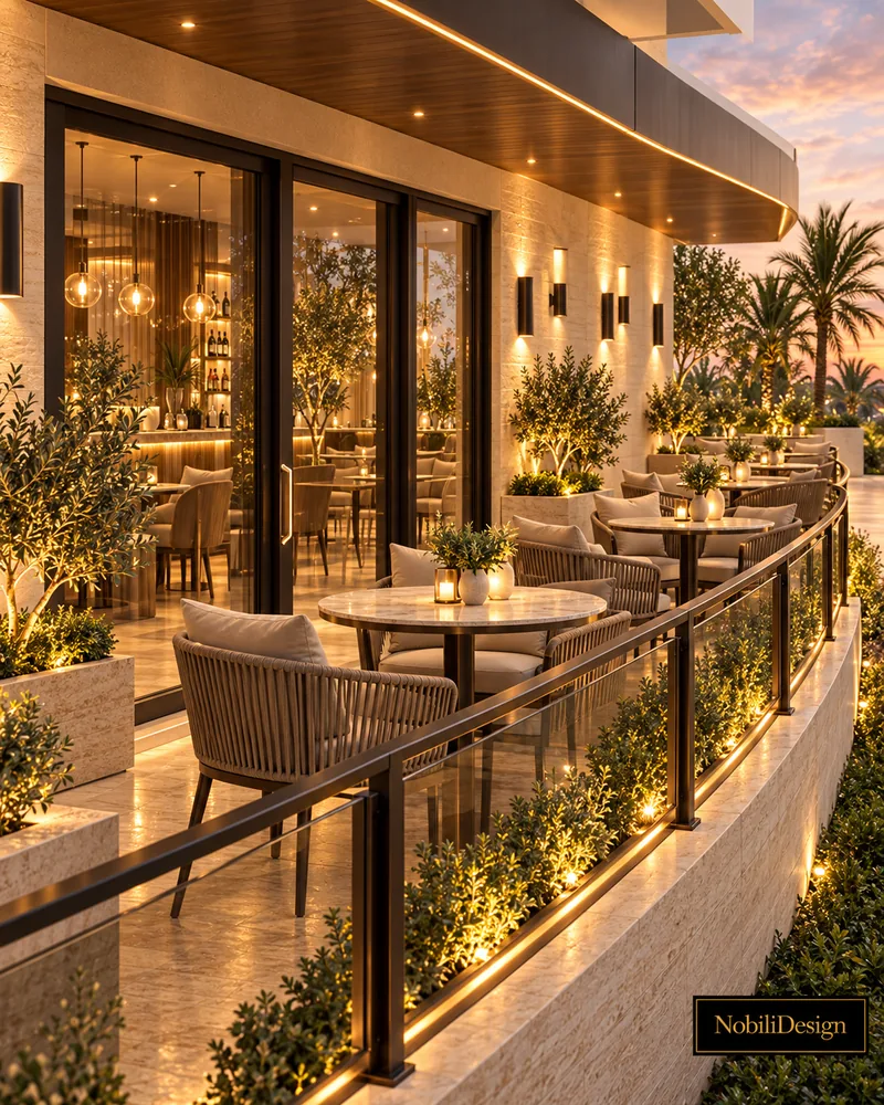 Terrace along glazed sliding doors with rope-weave armchairs, round stone tables, glass balustrade and lit hedge planters