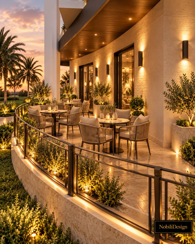 Curved terrace with travertine paving, woven outdoor chairs with cushions, round tables and bronze railing at sunset