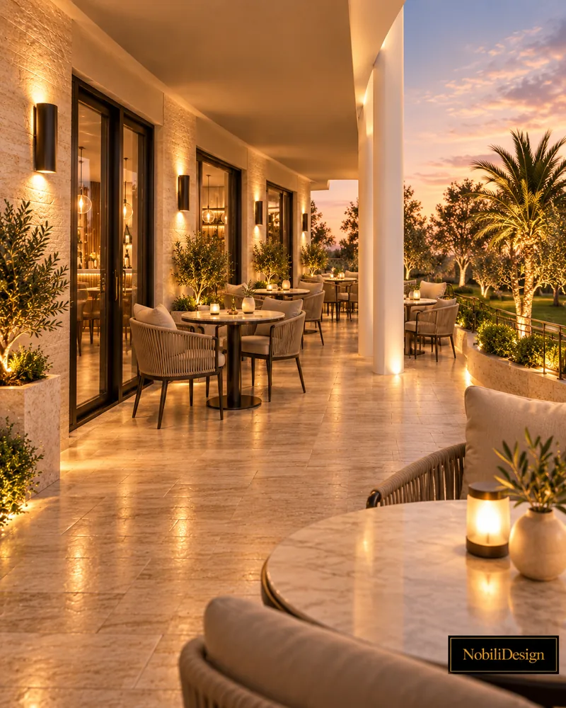 Covered terrace with columns, travertine floor, woven chairs at marble tables, candle lanterns and garden view at dusk