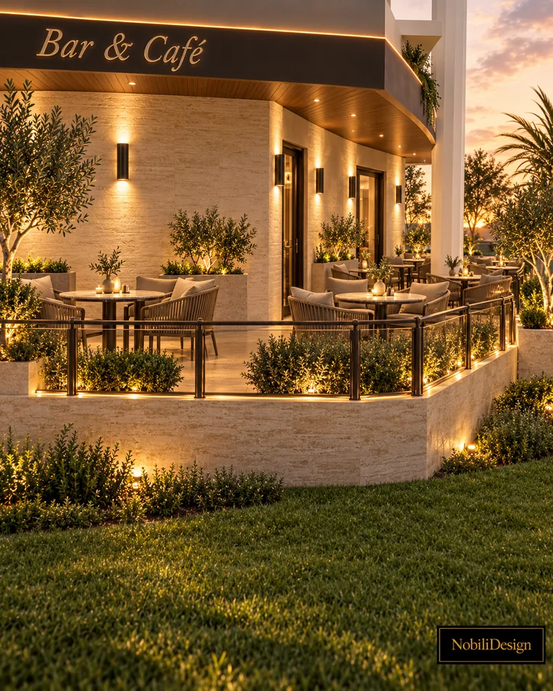 Terrace raised on a travertine plinth with lit shrubs, bronze railing, rope-weave dining chairs and illuminated signage