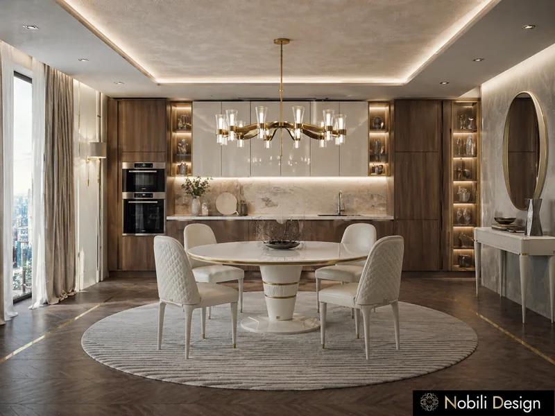 Luxury kitchen with walnut cabinets, lit onyx splashback, round white dining table and brass chandelier