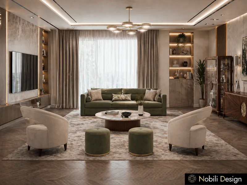 Contemporary apartment living room with sage sofa, round marble coffee table, ottomans and lit shelving
