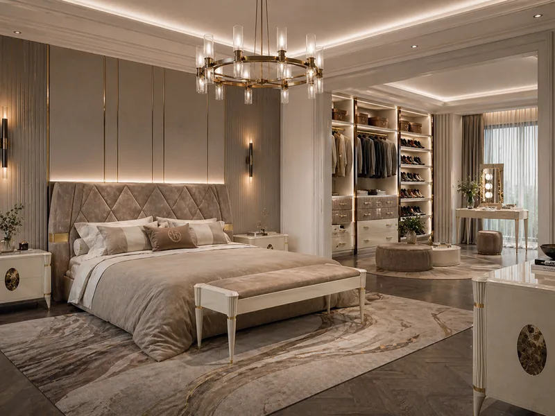 Luxury master bedroom with diamond-tufted taupe headboard, ring chandelier and open walk-in dressing room