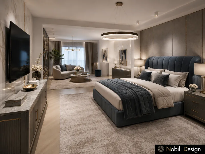 Hotel suite bedroom with navy velvet bed, marble TV console, ring pendant and a lounge seen beyond