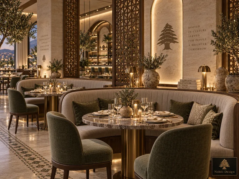 Curved cream booth with olive velvet chairs and a marble table on a brass base beside a carved walnut screen