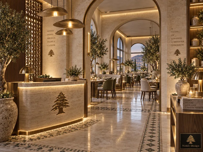 Lebanese restaurant entrance with lit travertine counter, carved cedar emblem, brass lamps and olive trees